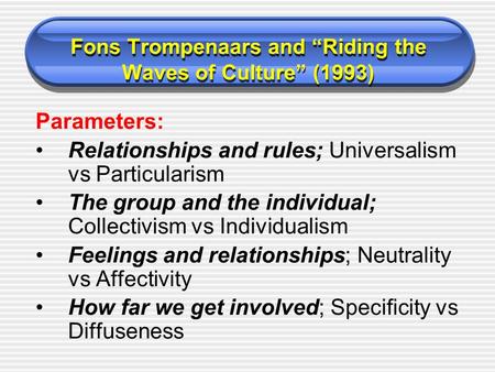 Fons Trompenaars and “Riding the Waves of Culture” (1993) Parameters: Relationships and rules; Universalism vs Particularism The group and the individual;