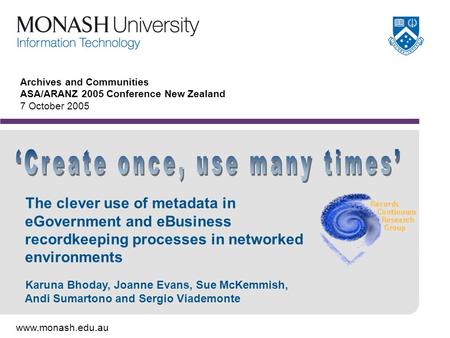 Www.monash.edu.au Archives and Communities ASA/ARANZ 2005 Conference New Zealand 7 October 2005 The clever use of metadata in eGovernment and eBusiness.