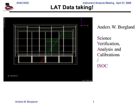 SVAC/ISOCInstrument Analysis Meeting, April 21, 2006 Anders W. Borgland 1 LAT Data taking! Anders W. Borgland Science Verification, Analysis and Calibrations.