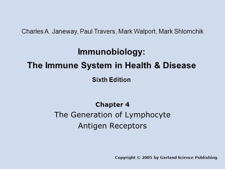 Immunobiology: The Immune System in Health & Disease Sixth Edition Chapter 4 The Generation of Lymphocyte Antigen Receptors Copyright © 2005 by Garland.
