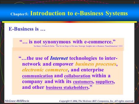 1 McGraw-Hill/Irwin Copyright © 2004, The McGraw-Hill Companies, Inc. All rights reserved. Chapter 5: Introduction to e-Business Systems “…the use of Internet.