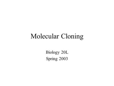 Molecular Cloning Biology 20L Spring 2003. Overview of Molecular Cloning Restriction digest of plasmid pUC19 and phage –GOAL: Linear pUC19 DNA and several.