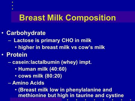Breast Milk Composition Carbohydrate – Lactose is primary CHO in milk higher in breast milk vs cow’s milk Protein –casein:lactalbumin (whey) impt. Human.