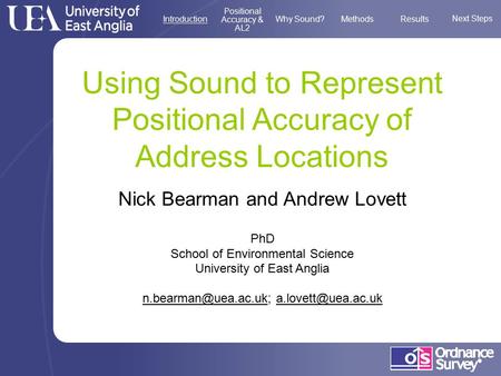 Using Sound to Represent Positional Accuracy of Address Locations Nick Bearman and Andrew Lovett PhD School of Environmental Science University of East.