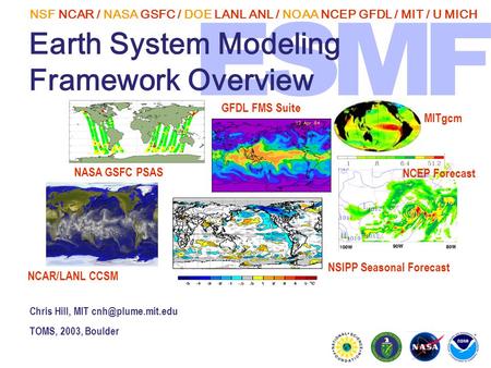 NSF NCAR / NASA GSFC / DOE LANL ANL / NOAA NCEP GFDL / MIT / U MICH Chris Hill, MIT TOMS, 2003, Boulder Earth System Modeling Framework.