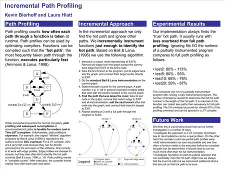 Incremental Path Profiling Kevin Bierhoff and Laura Hiatt Path ProfilingIncremental ApproachExperimental Results Path profiling counts how often each path.
