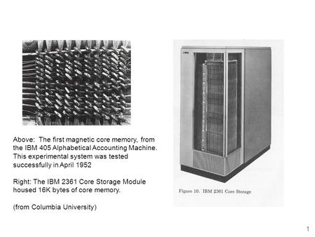 1 Above: The first magnetic core memory, from the IBM 405 Alphabetical Accounting Machine. This experimental system was tested successfully in April 1952.