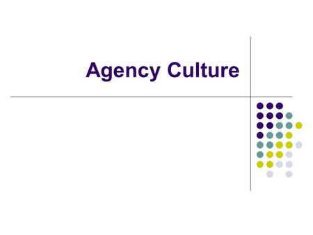 Agency Culture. Training Objectives: Define and identify components and influences on agency culture Identify agency ethics Understand sexualized work.