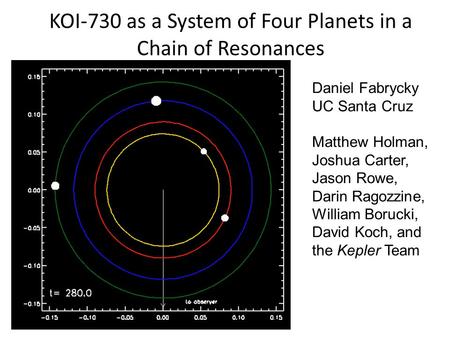 KOI-730 as a System of Four Planets in a Chain of Resonances Daniel Fabrycky UC Santa Cruz Matthew Holman, Joshua Carter, Jason Rowe, Darin Ragozzine,