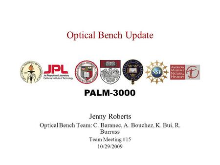 PALM-3000 Optical Bench Update Jenny Roberts Optical Bench Team: C. Baranec, A. Bouchez, K. Bui, R. Burruss Team Meeting #15 10/29/2009.