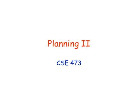 Planning II CSE 473. © Daniel S. Weld 2 Logistics Tournament! PS3 – later today Non programming exercises Programming component: (mini project) SPAM detection.
