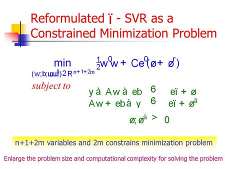 Reformulated - SVR as a Constrained Minimization Problem subject to n+1+2m variables and 2m constrains minimization problem Enlarge the problem size and.
