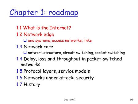 Lecture 1 1-1 Chapter 1: roadmap 1.1 What is the Internet? 1.2 Network edge  end systems, access networks, links 1.3 Network core  network structure,