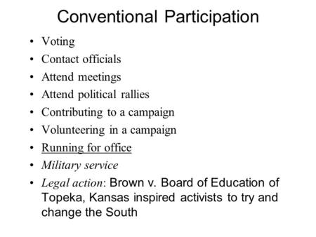 Conventional Participation Voting Contact officials Attend meetings Attend political rallies Contributing to a campaign Volunteering in a campaign Running.