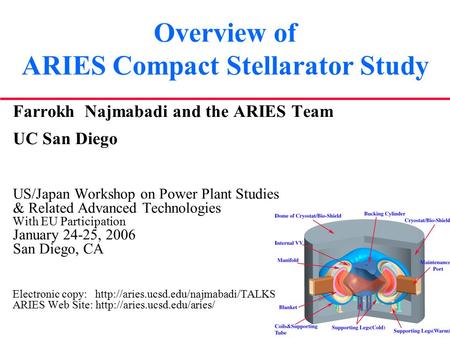Overview of ARIES Compact Stellarator Study Farrokh Najmabadi and the ARIES Team UC San Diego US/Japan Workshop on Power Plant Studies & Related Advanced.