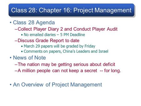 Class 28: Chapter 16: Project Management Class 28 Agenda –Collect Player Diary 2 and Conduct Player Audit No emailed diaries – 5 PM Deadline –Discuss Grade.