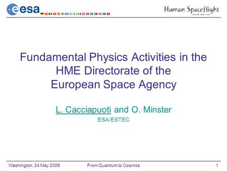 Washington, 24 May 2006From Quantum to Cosmos1 Fundamental Physics Activities in the HME Directorate of the European Space Agency L. Cacciapuoti and O.