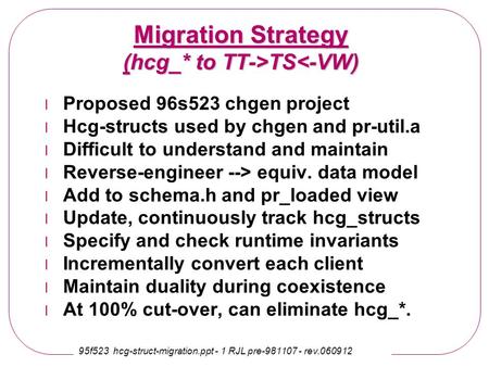 95f523 hcg-struct-migration.ppt - 1 RJL pre-981107 - rev.060912 Migration Strategy (hcg_* to TT->TS TS