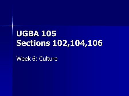 UGBA 105 Sections 102,104,106 Week 6: Culture. Agenda Business Business –General questions? –Turn in project proposals –Questions about the exam? What.