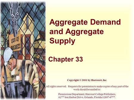 Aggregate Demand and Aggregate Supply Chapter 33 Copyright © 2001 by Harcourt, Inc. All rights reserved. Requests for permission to make copies of any.