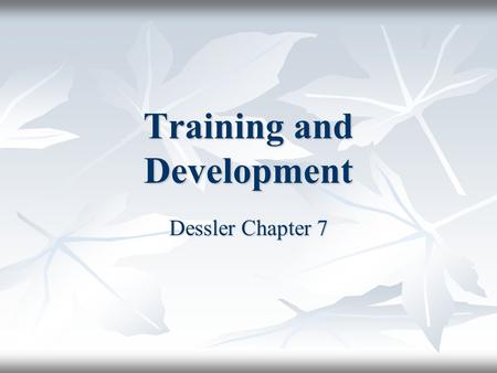 Training and Development Dessler Chapter 7. Agenda – 4/14/05 Reminders Reminders Questions and Comments Questions and Comments Training Training.