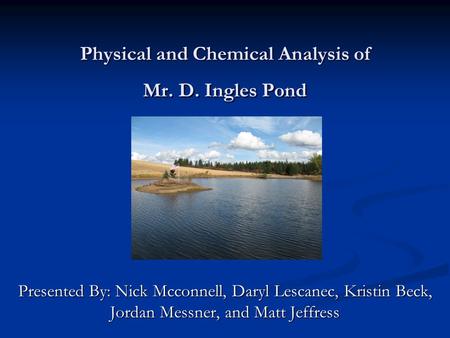 Physical and Chemical Analysis of Mr. D. Ingles Pond Presented By: Nick Mcconnell, Daryl Lescanec, Kristin Beck, Jordan Messner, and Matt Jeffress.