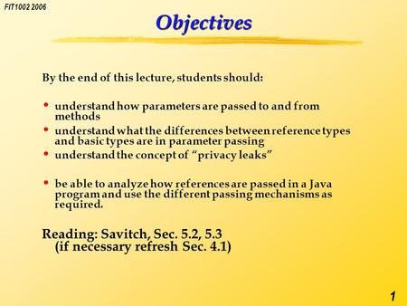 FIT1002 2006 1 Objectives By the end of this lecture, students should: understand how parameters are passed to and from methods understand what the differences.