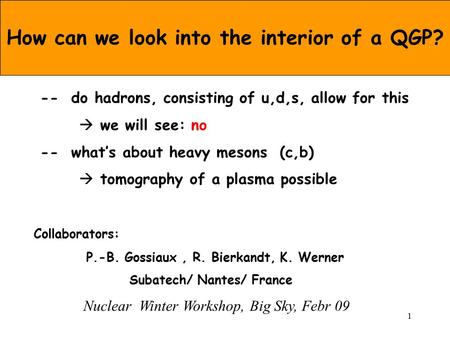 1 -- do hadrons, consisting of u,d,s, allow for this  we will see: no -- what’s about heavy mesons (c,b)  tomography of a plasma possible Collaborators: