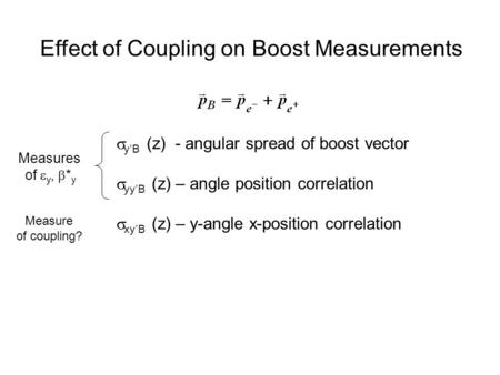 Effect of Coupling on Boost Measurements  y’B (z) - angular spread of boost vector  yy’B (z) – angle position correlation  xy’B (z) – y-angle x-position.