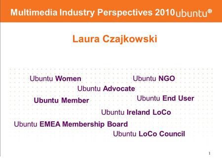 1 Multimedia Industry Perspectives 2010 Laura Czajkowski Ubuntu Women Ubuntu Advocate Ubuntu Ireland LoCo Ubuntu EMEA Membership Board Ubuntu NGO Ubuntu.