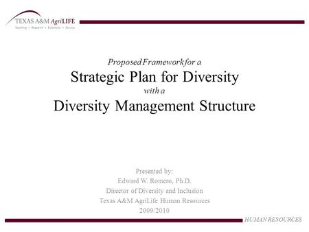HUMAN RESOURCES Proposed Framework for a Strategic Plan for Diversity with a Diversity Management Structure Presented by: Edward W. Romero, Ph.D. Director.