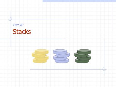 Part-B1 Stacks. Stacks2 Abstract Data Types (ADTs) An abstract data type (ADT) is an abstraction of a data structure An ADT specifies: Data stored Operations.