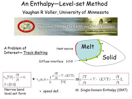 An Enthalpy—Level-set Method Vaughan R Voller, University of Minnesota + + speed def. Single Domain Enthalpy (1947) Heat source A Problem of Interest—