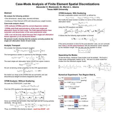 Case-Mode Analysis of Finite Element Spatial Discretizations Alexander E. Maslowski, Dr. Marvin L. Adams Texas A&M University Abstract We analyze the following.