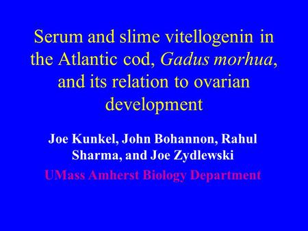 Serum and slime vitellogenin in the Atlantic cod, Gadus morhua, and its relation to ovarian development Joe Kunkel, John Bohannon, Rahul Sharma, and Joe.