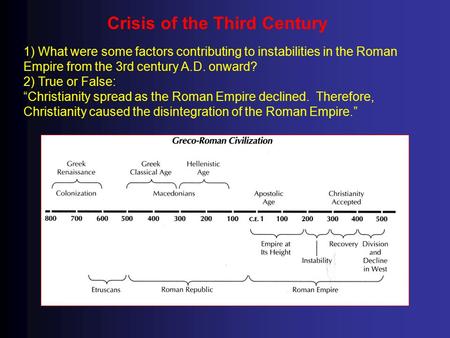 Crisis of the Third Century 1) What were some factors contributing to instabilities in the Roman Empire from the 3rd century A.D. onward? 2) True or False: