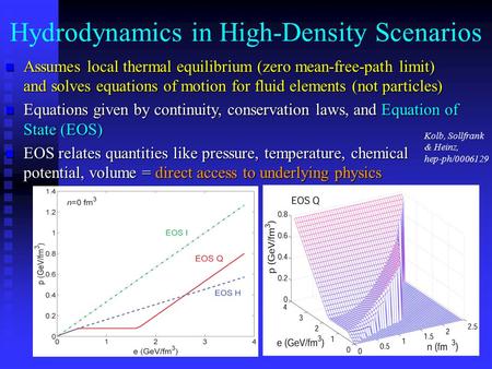Hydrodynamics in High-Density Scenarios Assumes local thermal equilibrium (zero mean-free-path limit) and solves equations of motion for fluid elements.