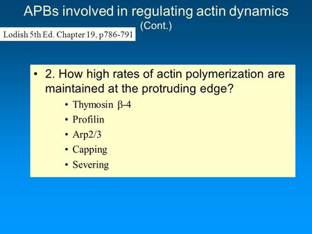 APBs involved in regulating actin dynamics (Cont.) 2. How high rates of actin polymerization are maintained at the protruding edge? Thymosin  -4 Profilin.