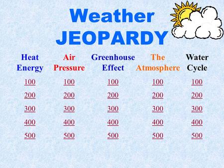 Weather JEOPARDY Heat Energy 100 200 300 400 500 Air Pressure 100 200 300 400 500 Greenhouse Effect 100 200 300 400 500 The Atmosphere 100 200 300 400.