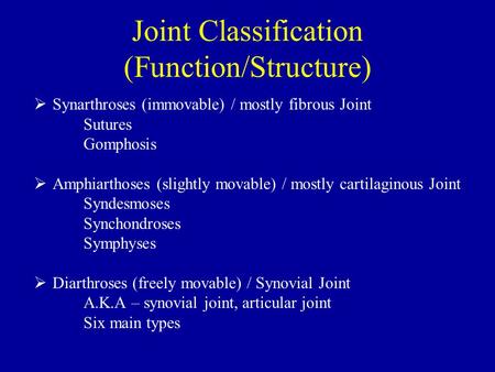 Joint Classification (Function/Structure)  Synarthroses (immovable) / mostly fibrous Joint Sutures Gomphosis  Amphiarthoses (slightly movable) / mostly.