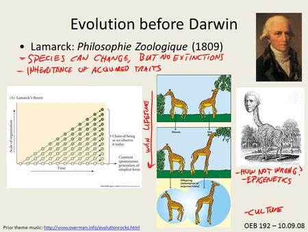 Evolution before Darwin Lamarck: Philosophie Zoologique (1809) OEB 192 – 10.09.08 Prior theme music: