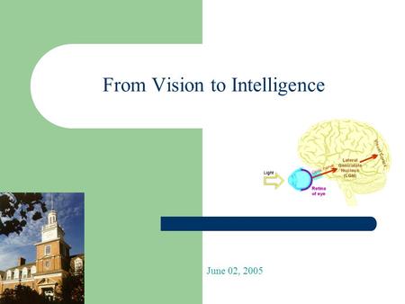 1 From Vision to Intelligence June 02, 2005. 2 What is the organ used to “ see ” ? The Eye ???The Brain??? OR.