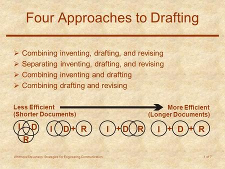 Whitmore/Stevenson: Strategies for Engineering Communication 1 of 7 Four Approaches to Drafting  Combining inventing, drafting, and revising  Separating.