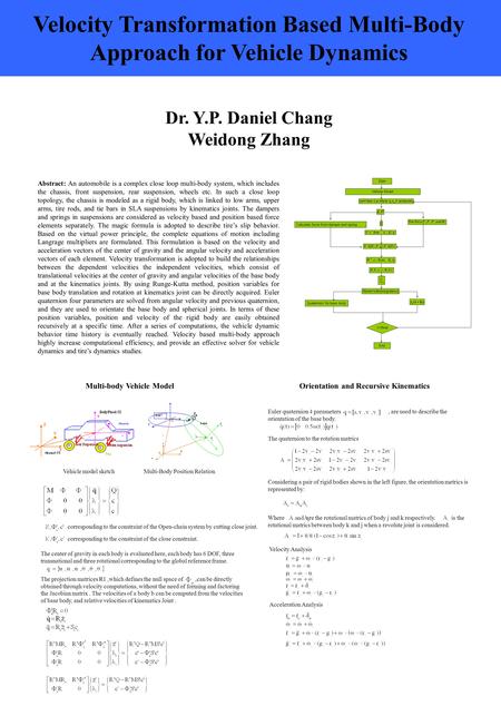 Dr. Y.P. Daniel Chang Weidong Zhang Velocity Transformation Based Multi-Body Approach for Vehicle Dynamics Abstract: An automobile is a complex close loop.