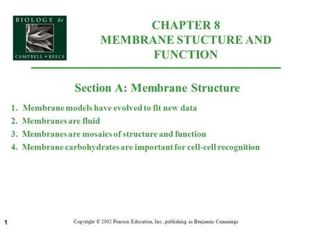 1 CHAPTER 8 MEMBRANE STUCTURE AND FUNCTION Copyright © 2002 Pearson Education, Inc., publishing as Benjamin Cummings Section A: Membrane Structure 1.Membrane.