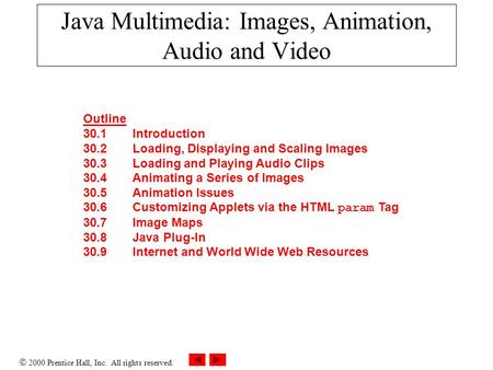  2000 Prentice Hall, Inc. All rights reserved. Java Multimedia: Images, Animation, Audio and Video Outline 30.1 Introduction 30.2Loading, Displaying and.