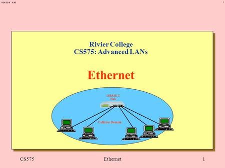 1 6/25/2015 10:53 CS575Ethernet1 Rivier College CS575: Advanced LANs Ethernet Collision Domain 10BASE-T Hub.
