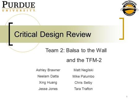 1 Critical Design Review Ashley Brawner Neelam Datta Xing Huang Jesse Jones Team 2: Balsa to the Wall and the TFM-2 Matt Negilski Mike Palumbo Chris Selby.