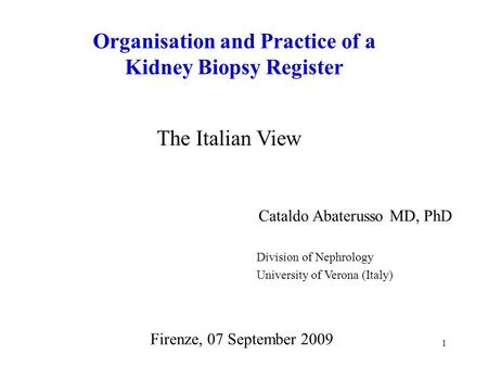 1 Organisation and Practice of a Kidney Biopsy Register Firenze, 07 September 2009 Cataldo Abaterusso MD, PhD Division of Nephrology University of Verona.