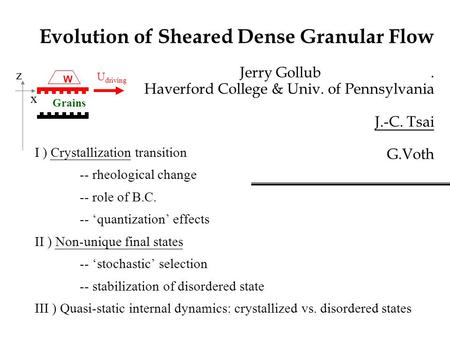 Evolution of Sheared Dense Granular Flow Jerry Gollub. Haverford College & Univ. of Pennsylvania J.-C. Tsai G.Voth I ) Crystallization transition -- rheological.